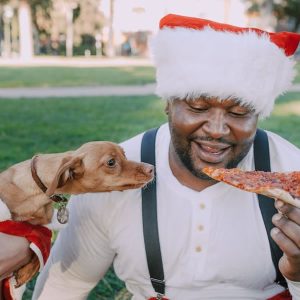 chihuahua mix reaching rudely for someone else's pizza slice